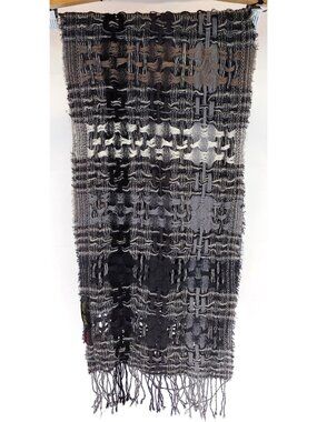 ASIAN EYE Gray Black 100% WOOL FRINGE X-LONG BRAIDED WRAP SCARF